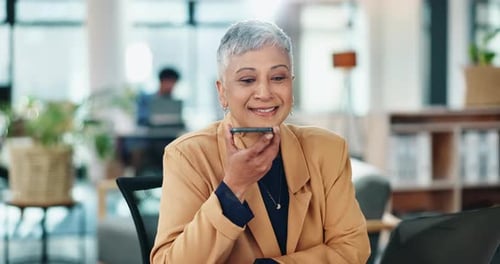 Mature, businesswoman and phone for voice note in schedule planning, strategy