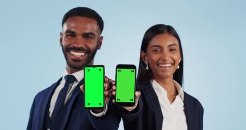 Business people, show and phone with green screen in studio for mockup, blue background