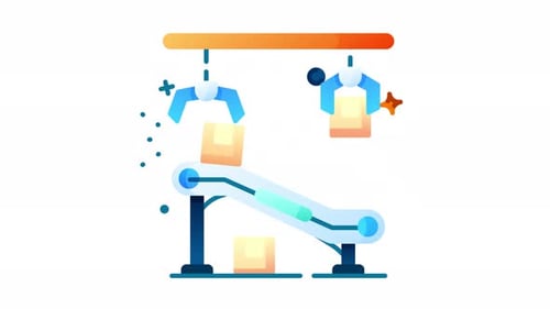 Automated Robotic Arms Moving Boxes Animation