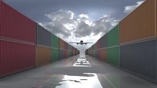 Airplane Flying Over Shipping Containers for Global Logistics