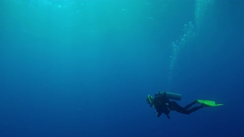 Scuba diver swims in blue depths of ocean illuminated by sunrays, backlight