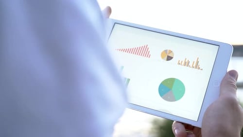 Tablet displays bar graphs and pie charts