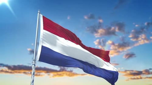 Waving Dutch Flag Animation With Blue Sky And Clouds
