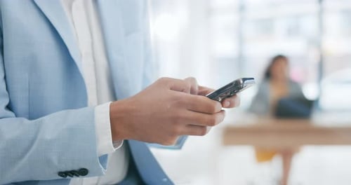 Typing, phone and hands of business man in office for social media, networking and website research