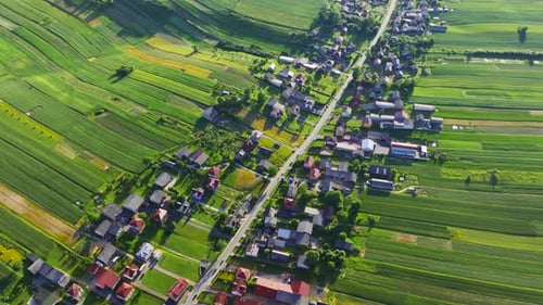 Luftbild dekorativer Ornamente verschiedener grüner Felder und Häuser