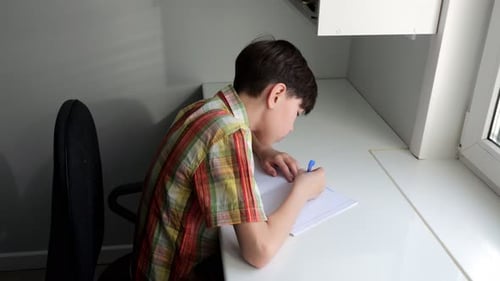 Boy Writing in Notebook at Desk by Window