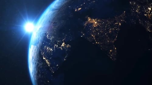 Rotating Earth with Glowing City Lights and Sun Lens Flare