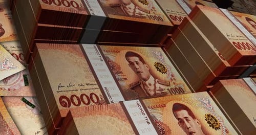Thailand Baht 1000 banknote packs - flying over THB money stack