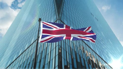Waving Union Jack Flag Animation on Modern Corporate Building Background