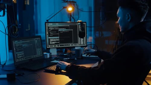 Conceito de crime cibernético, hacking e tecnologia - hacker masculino asiático usando computador para