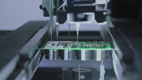 Closeup of Component Installation on Circuit Board Electronic Devices Production Industry Fully