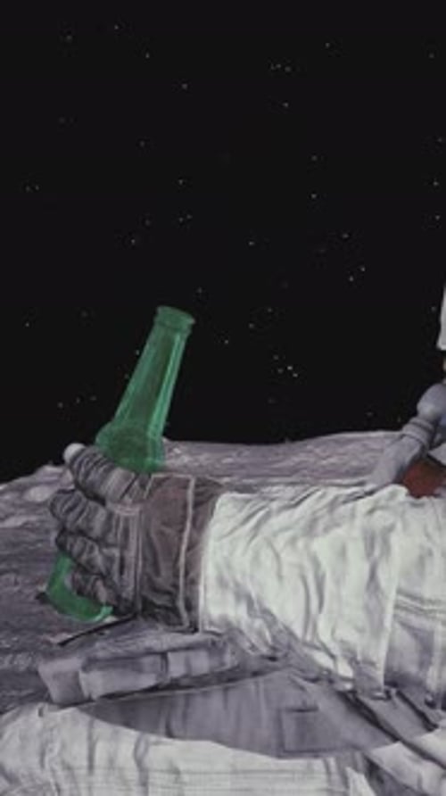 Lunar astronaut drinking beer while sitting in a lounge chair on the surface of the moon.