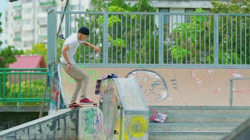 Young Adult Skateboarding Slowly at Urban Skatepark