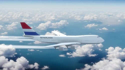 Commercial Airliner Passanger Plane Jumbo Jet Flying Over Clouds With Country Flag Netherlands