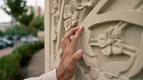 Close-up shot of beautiful Islamic girih ornamentation on the aiwan terrace of Muslim mosque