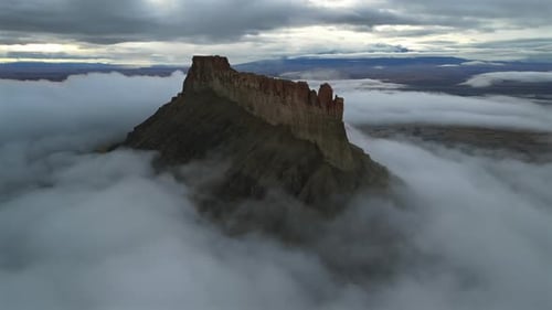 Aerial view of mountain shrouded in clouds, United States.