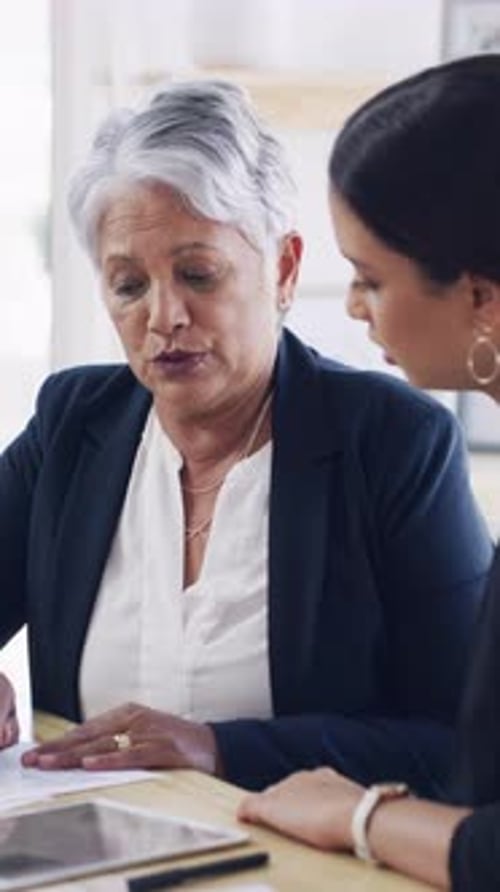 Meeting, planning and tablet with business people in office for investment banker