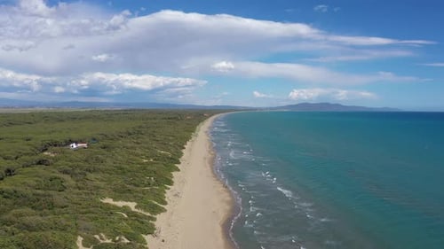 Aerial view of the beach and green forest, Italy.