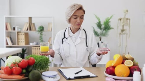 Woman Doctor Recommends Water over Juice in Office