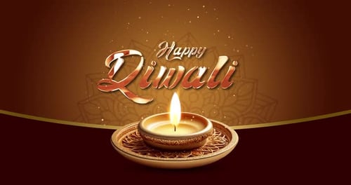 Festive Happy Diwali Title with Golden Diya and Sparkling Background