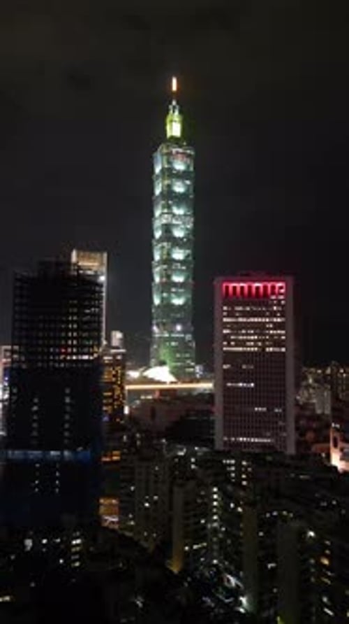 Aerial video of a business district in Taipei City, Taiwan at night