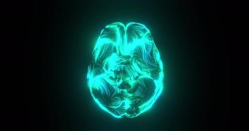 Ansicht von unten auf das blaue Gehirn mit künstlicher Intelligenz und Energiefluss