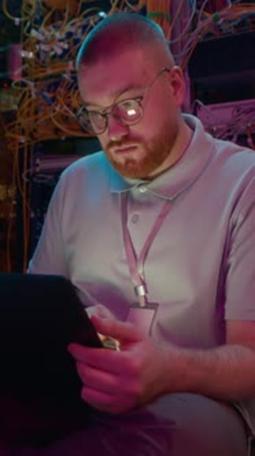 Network Engineer Working on Laptop in Server Room