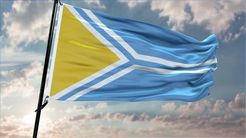 Waving Tuva Flag on Pole Against Cloudy Sky