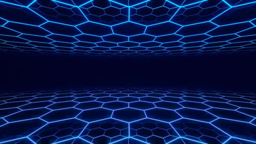 Blauer neonglühender sechseckiger Raster-Tunnelschleifen-Animationshintergrund