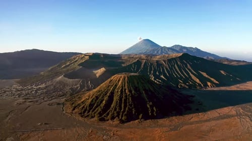 Majestic Drone Flight Towards Mount Bromo Volcano Crater In East Java Island