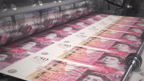 Printing Money Great Britain Pound GBP Bills on a Print Machine in Typography