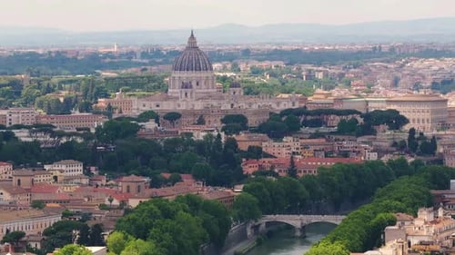 St. Peter's Basilica on Cloudy Day in Rome, Italy - Descending Drone Shot