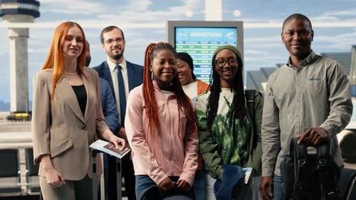 Portrait of Travelers in Airport Terminal Lounge Near Departure Gate