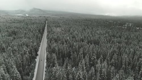 4k Aerial Country road in snowy forest Drone tilt down + truck right to left