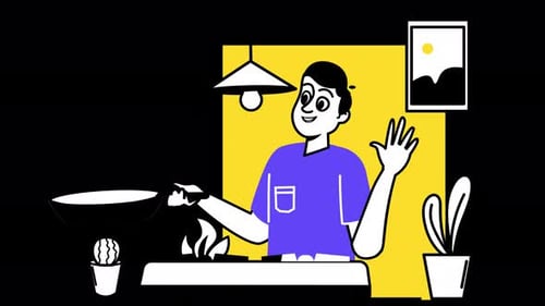 Personne cuisinant dans une cuisine colorée