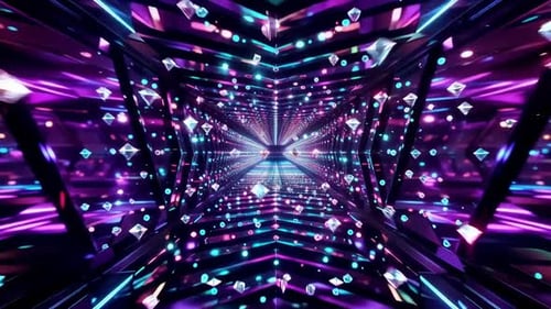 Leuchtende neongeometrische Tunnelschleife mit schwebenden Diamanten und