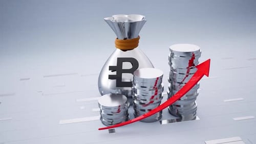 Silver Money Bag With A Bytecoin Symbol And Increasing Coins Including Red Upward Arrow