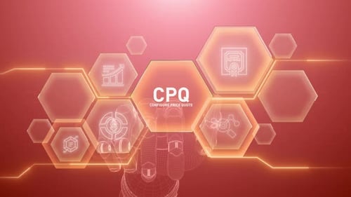 Futuristic Digital Interface with Wireframe Hand and CPQ Icons