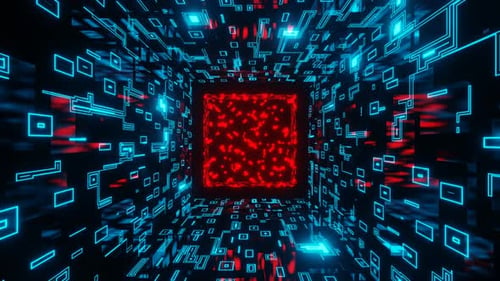 Futuristic Digital Tunnel Fly-Through with Glowing Core