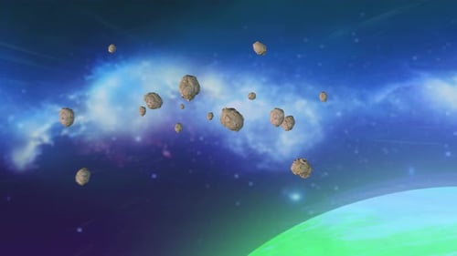 3D-Renderanimation von Uranus, Sternenhimmel, Milchstraßennebel und fliegenden Asteroiden mit Kratern