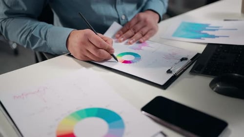 Unrecognizable Business Man Analyzing Colorful Diagram Analysis Papers Cropped View Close Up Male
