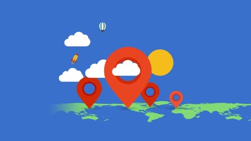 Flat Design World Map with Travel and Location Pins Animation