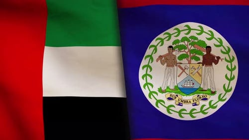 United Arab Emirates and Belize Flags Waving in Wind