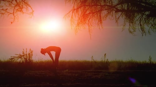 Silhouette of a woman running at sunrise on a vibrant summer morning