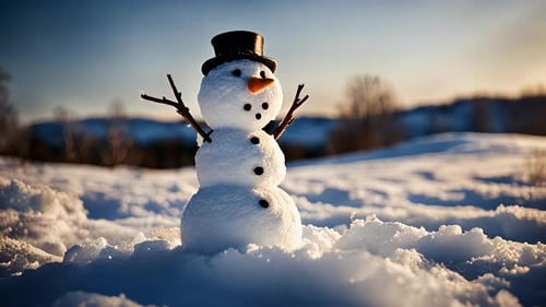 Boneco de neve feliz na paisagem nevada com luz solar e árvores