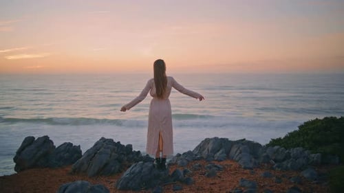 Serene Girl Enjoying Sunset Nature Raising Hands Back View Woman Looking Marine