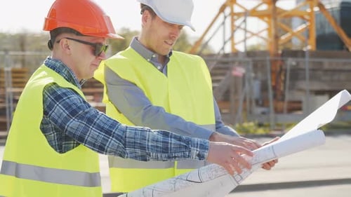 Professional Builders Standing in Front of Construction Site Office Building and Crane Background