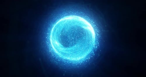 Blue particle energy orb in a seamless looping motion graphic. 3D render