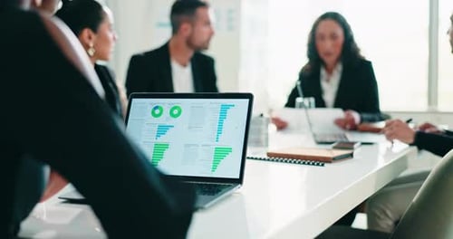Hands, laptop and team with question at office meeting with charts, review