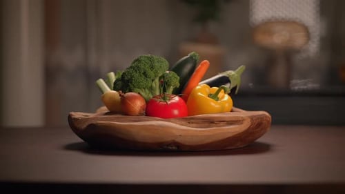 Vegetables Displayed in Wooden Bowl on Kitchen Table